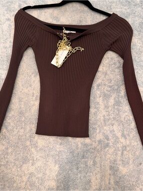 Moon River Brown Ribbed Off-Shoulder Long Sleeve Top